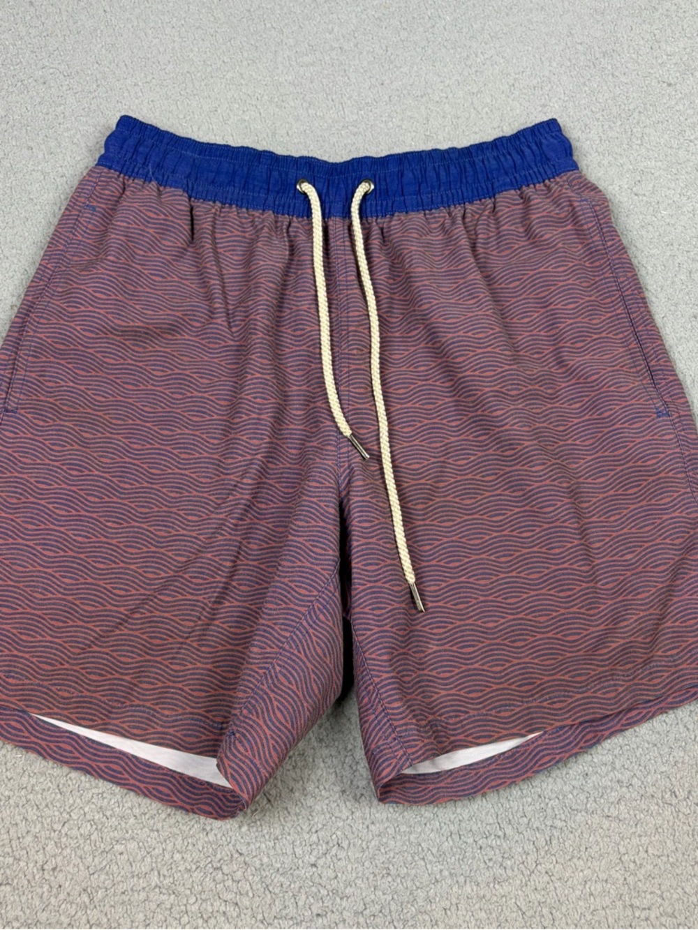 Fair Harbor Men’s Swim Trunks in Blue and Maroon Wave Pattern Lined Drawstring